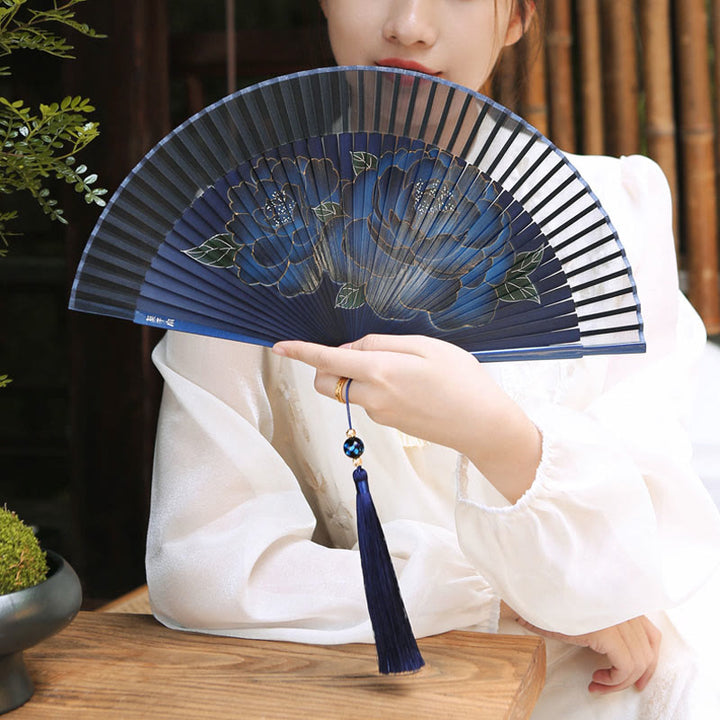 Buddha Stones Piwonii Jedwabny Ręczny Składany Wachlarz Bambusowy