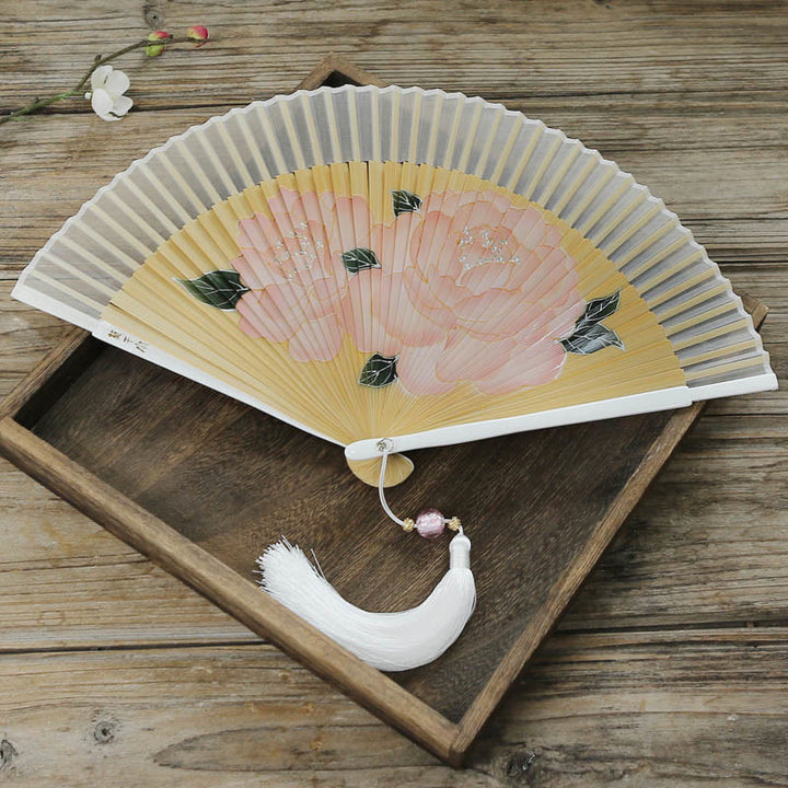 Buddha Stones Piwonii Jedwabny Ręczny Składany Wachlarz Bambusowy