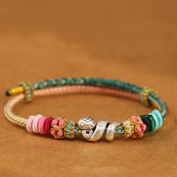 Buddha Stones 999 Srebro Sterling Rok Węża Ręcznie Robiona Miedziana Moneta Ochrona Bransoletka Pleciona - Zielony Różowy - 18-22 cm - image 11