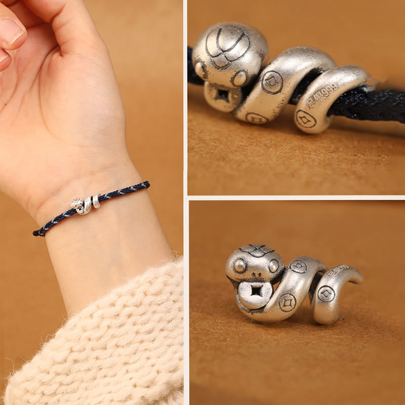 Buddha Stones 999 Srebro Sterling Rok Węża Ręcznie Robiona Miedziana Moneta Ochrona Bransoletka Pleciona