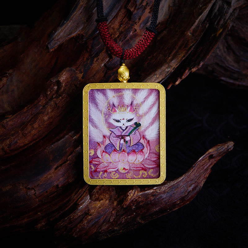 Buddha Stones Tybetański Zakiram Dziewięcioogoniasty Lis Żółty Bóg Bogactwa Malowany Naszyjnik Thangka Nadzieja Wisiorek - Lis dziewięcioogonowy - image 2