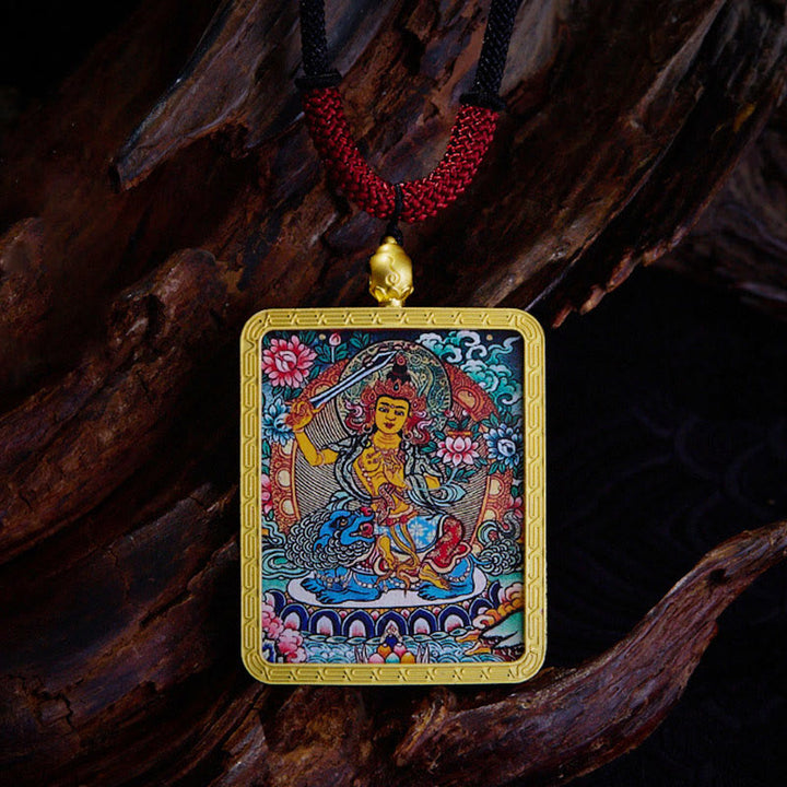 Buddha Stones Tybetański Zakiram Dziewięcioogoniasty Lis Żółty Bóg Bogactwa Malowany Naszyjnik Thangka Nadzieja Wisiorek - Mandziusri - image 9