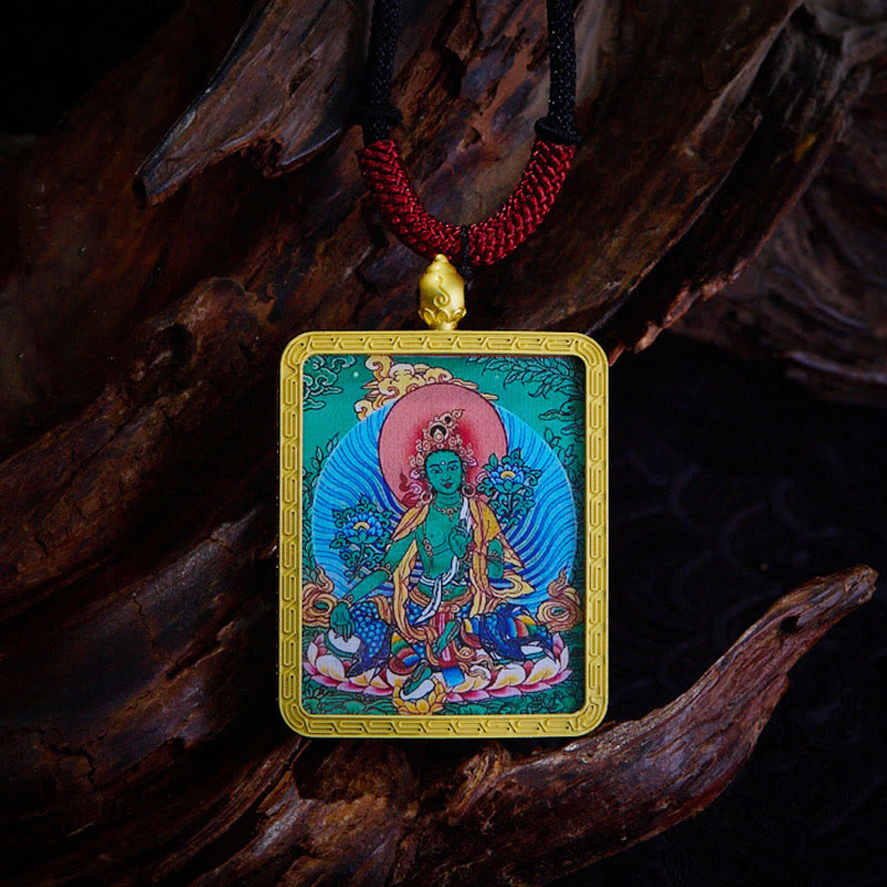 Buddha Stones Tybetański Zakiram Dziewięcioogoniasty Lis Żółty Bóg Bogactwa Malowany Naszyjnik Thangka Nadzieja Wisiorek - Zielona Tara - image 12