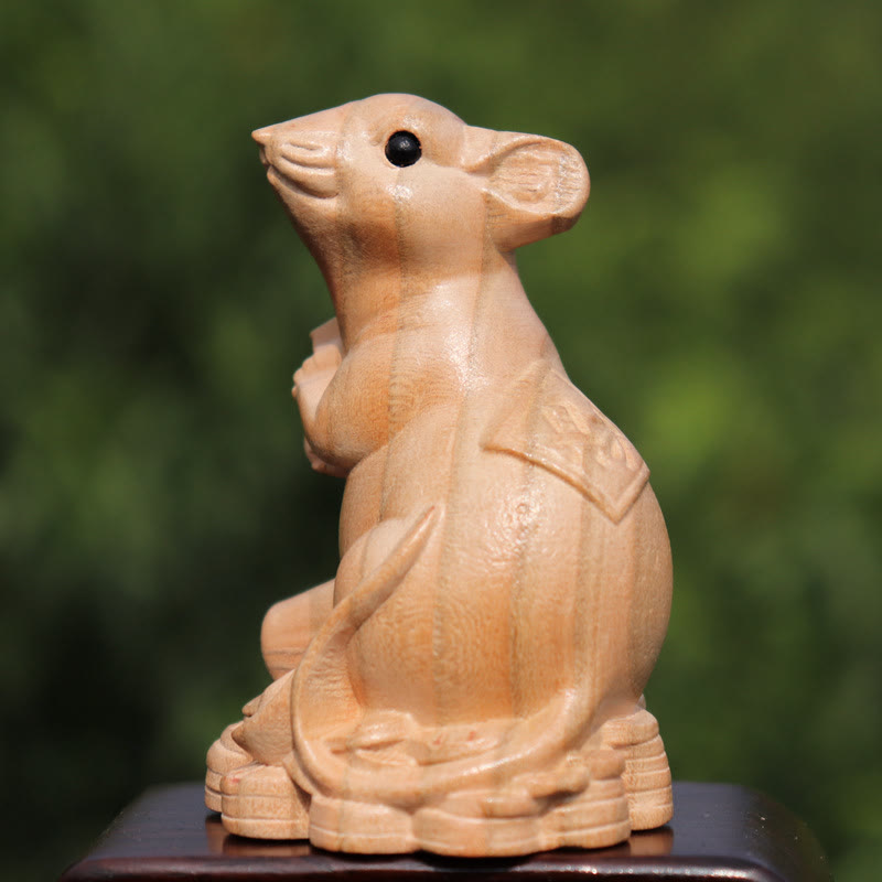 Buddha Stones Rok Węża Chiński Zodiak Fu Charakter Brzoskwiniowy Drewno Dom Posąg Dekoracja - Szczur dla bogactwa - Wysokość 11,5 cm - image 4