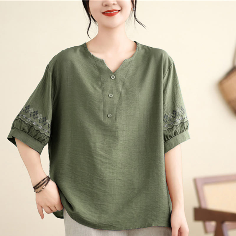Buddha Stones Vintage Pół Rękaw Haft Projekt Bawełna Lniana Koszulka T-shirt - image 1