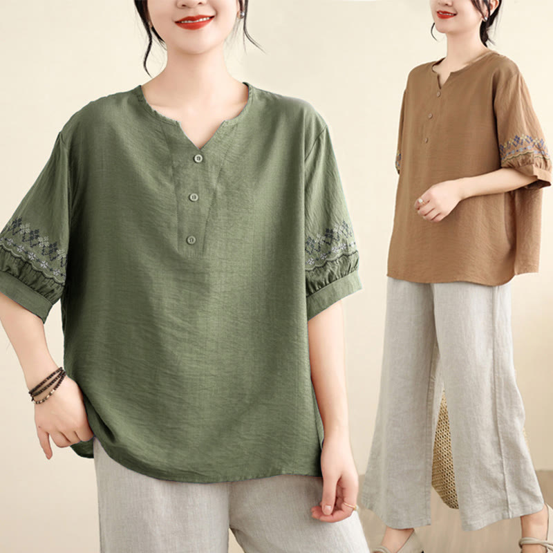 Buddha Stones Vintage Pół Rękaw Haft Projekt Bawełna Lniana Koszulka T-shirt - image 3