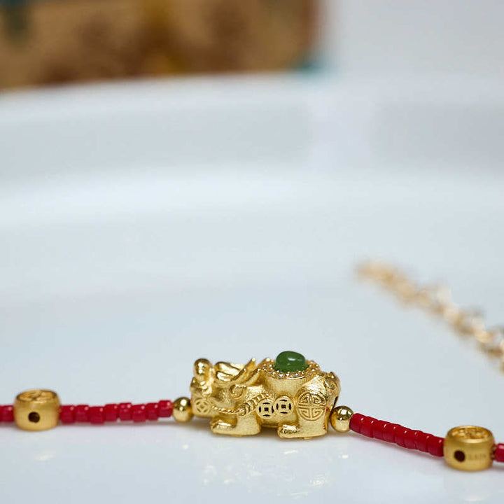 Buddha Stones 24k pozłacane 925 srebro Liuli szklane koraliki PiXiu czterolistna koniczyna radość i szczęście bogactwo bransoletka