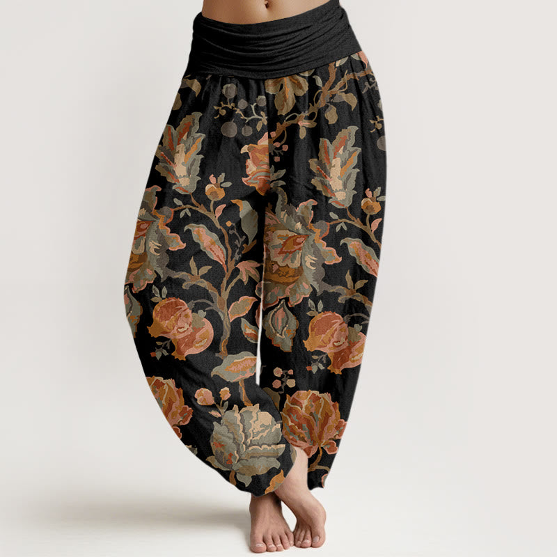 Buddha Stones haremowe damskie z elastyczną talią i bawełnianymi, swobodnymi, kwitnącymi kwiatami i pąkami - Czarny - US22, UK/AU26, EU54 (6XL) - image 0