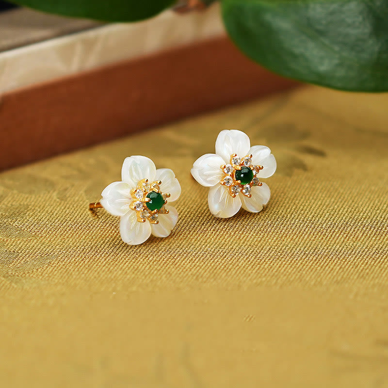 Buddha Stones 925 Srebro Sterlingowe Tridacna Stone Jade Flower Blessing