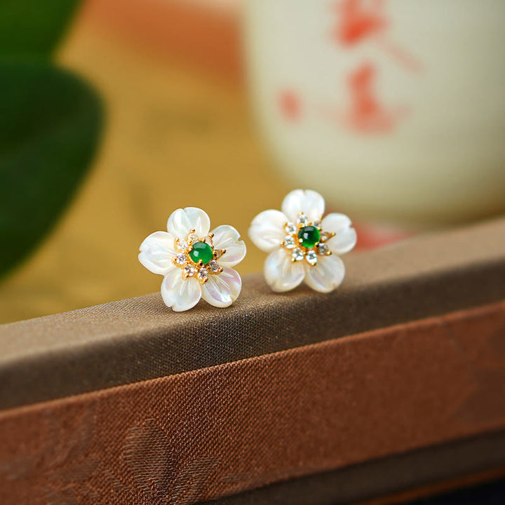 Buddha Stones 925 Srebro Sterlingowe Tridacna Stone Jade Flower Blessing