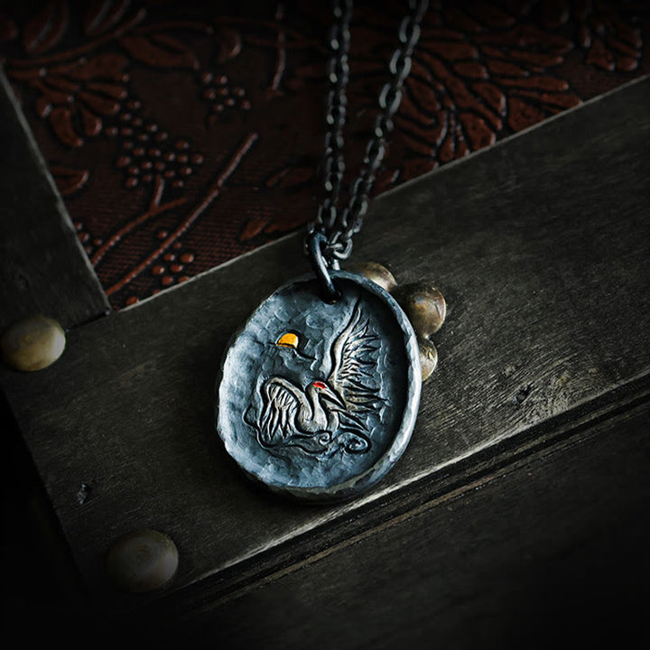 Buddha Stones 999 Srebro Sterlingowe 24k Złoto Żuraw Pomyślne Chmury Równowaga Naszyjnik Wisiorek - Łańcuszek ze srebra próby 999 i stali tytanowej - image 0