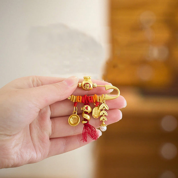 Buddha Stones Miedź Rok Węża Frędzle Sznurek Kolczasty Fu Miska Szczęście Torba Broszka