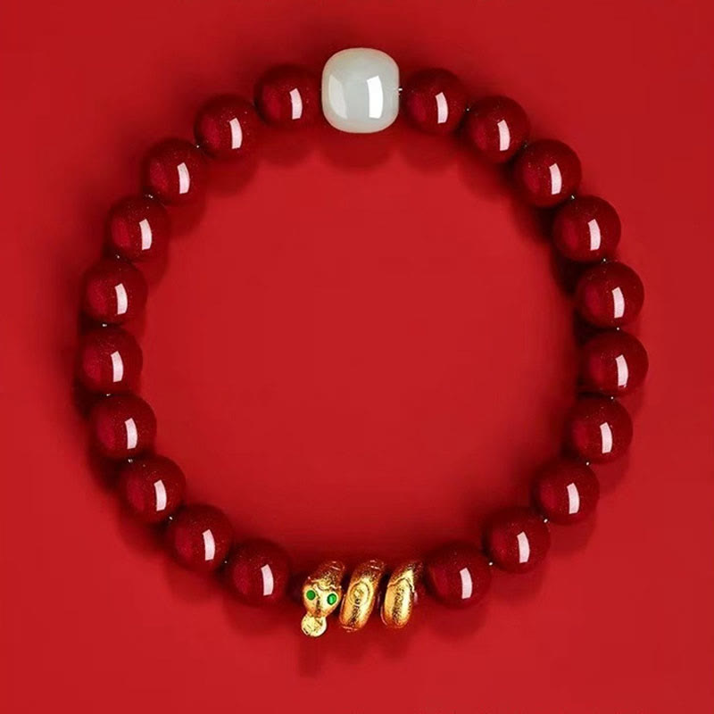Buddha Stones Cynobrowe Koraliki Hetian Jade Bransoletka Błogosławieństwa Roku Węża