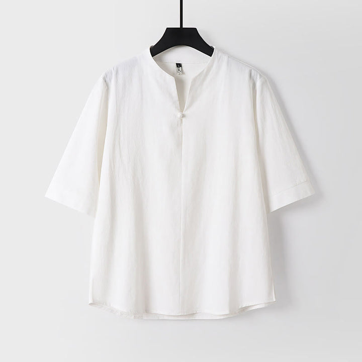 Koszula męska z bawełny i lnu Buddha Stones Plain Color z rękawem trzy czwarte i jednym guzikiem - Biały - US/UK/AU54， EU64 (9XL) - image 1