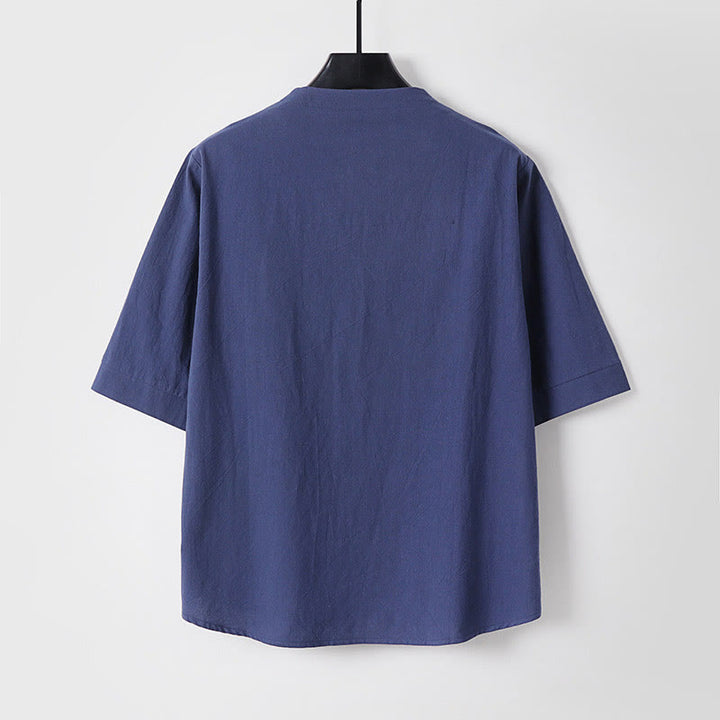 Koszula męska z bawełny i lnu Buddha Stones Plain Color z rękawem trzy czwarte i jednym guzikiem - image 6