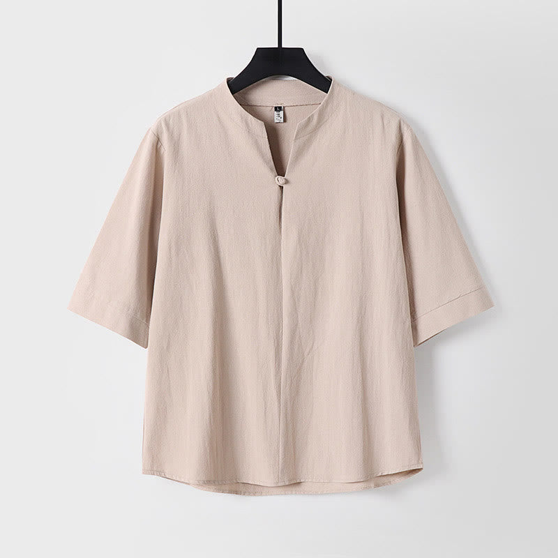 Koszula męska z bawełny i lnu Buddha Stones Plain Color z rękawem trzy czwarte i jednym guzikiem - Pszenica - US/UK/AU54， EU64 (9XL) - image 3