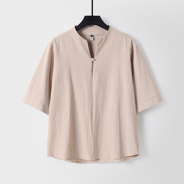 Koszula męska z bawełny i lnu Buddha Stones Plain Color z rękawem trzy czwarte i jednym guzikiem - Pszenica - US/UK/AU54， EU64 (9XL) - image 3