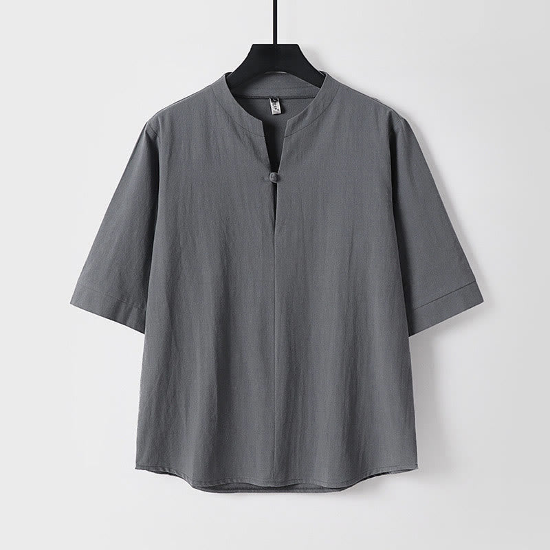 Koszula męska z jednym guzikiem i rękawem trzy czwarte w jednolitym kolorze z Buddha Stones - Szary - US/UK/AU54， EU64 (9XL) - image 2