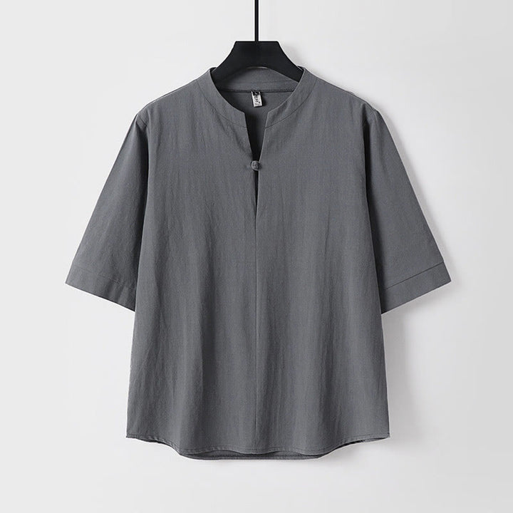 Koszula męska z jednym guzikiem i rękawem trzy czwarte w jednolitym kolorze z Buddha Stones - Szary - US/UK/AU54， EU64 (9XL) - image 2