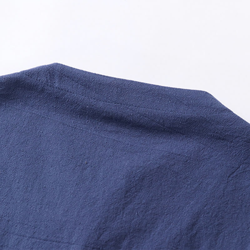 Koszula męska z bawełny i lnu Buddha Stones Plain Color z rękawem trzy czwarte i jednym guzikiem - image 9