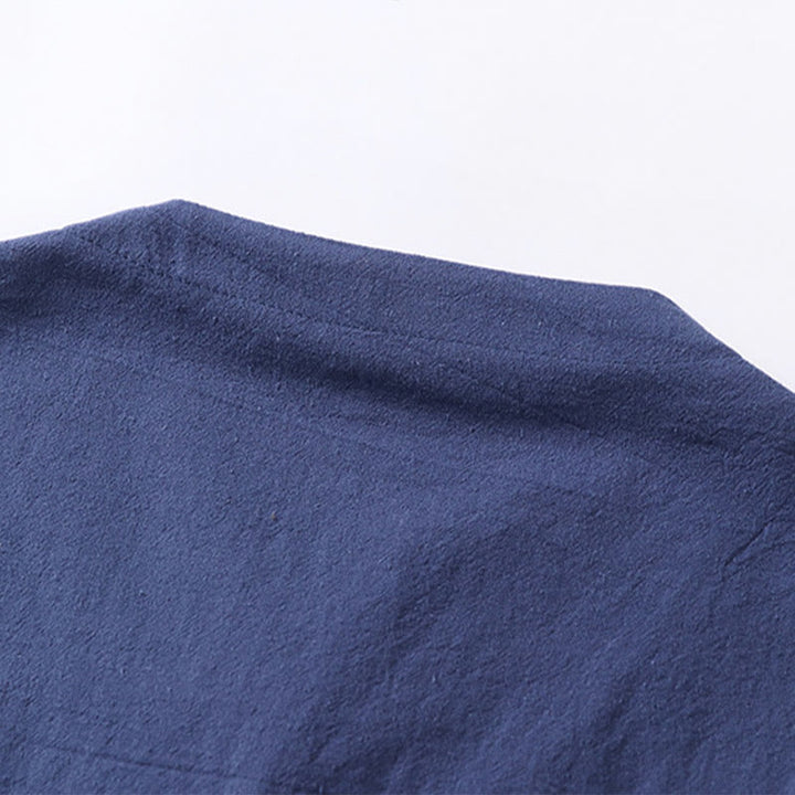 Koszula męska z bawełny i lnu Buddha Stones Plain Color z rękawem trzy czwarte i jednym guzikiem - image 9