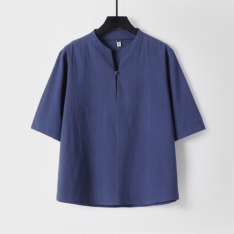 Koszula męska z bawełny i lnu Buddha Stones Plain Color z rękawem trzy czwarte i jednym guzikiem - Ciemnoniebieski - US/UK/AU54， EU64 (9XL) - image 4