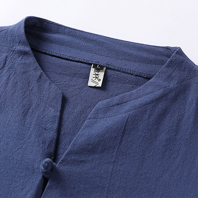 Koszula męska z bawełny i lnu Buddha Stones Plain Color z rękawem trzy czwarte i jednym guzikiem - image 8