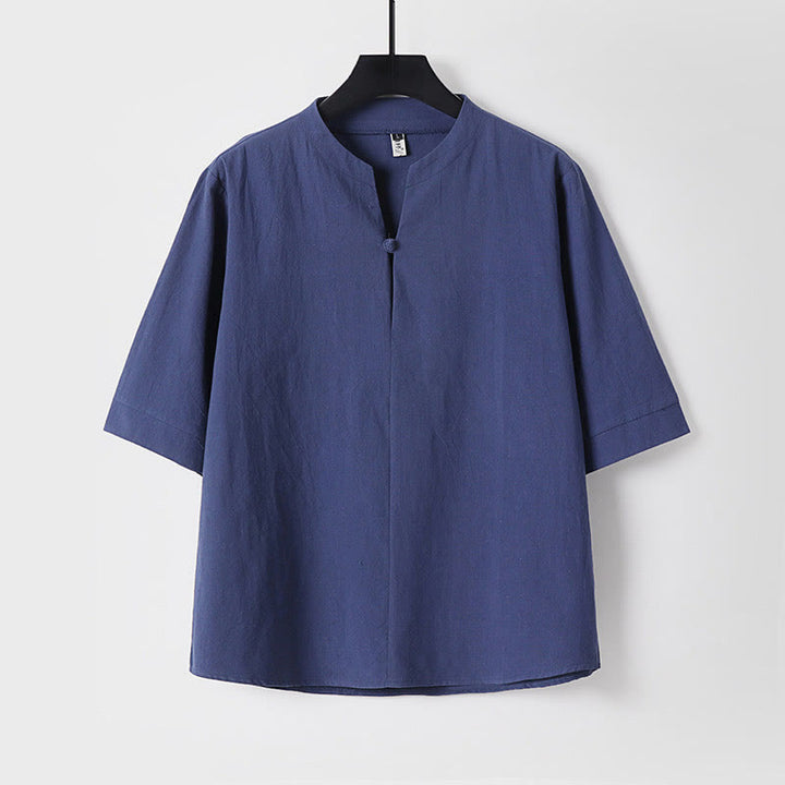 Koszula męska z bawełny i lnu Buddha Stones Plain Color z rękawem trzy czwarte i jednym guzikiem - Ciemnoniebieski - US/UK/AU54， EU64 (9XL) - image 4