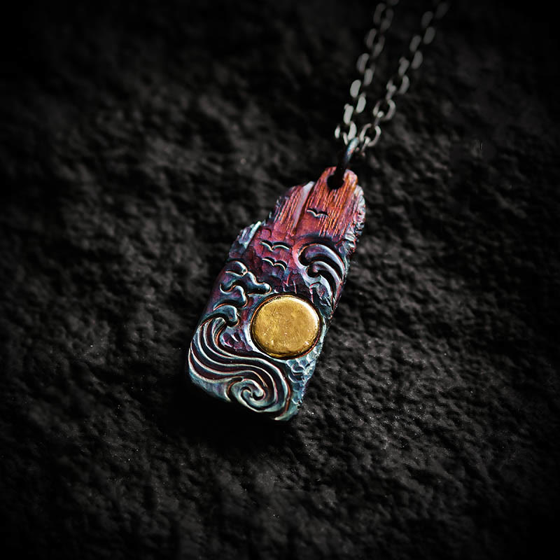 Buddha Stones 999 Srebro Sterlingowe 24k Złoto Fale Słoneczne Naszyjnik Wisiorek Równowaga - Łańcuszek ze srebra próby 999 i stali tytanowej - image 0