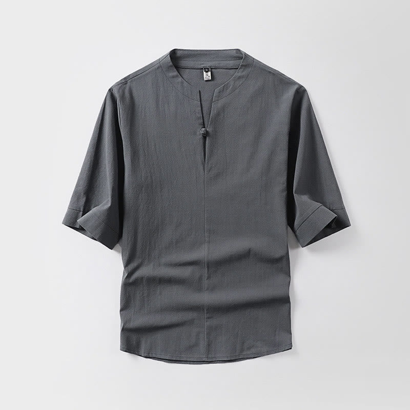 Koszula męska Buddha Stones Casual Plain Color One Button Sleeve Three Quarter Cotton Linen - Szary - US/UK/AU54， EU64 (9XL) - image 0