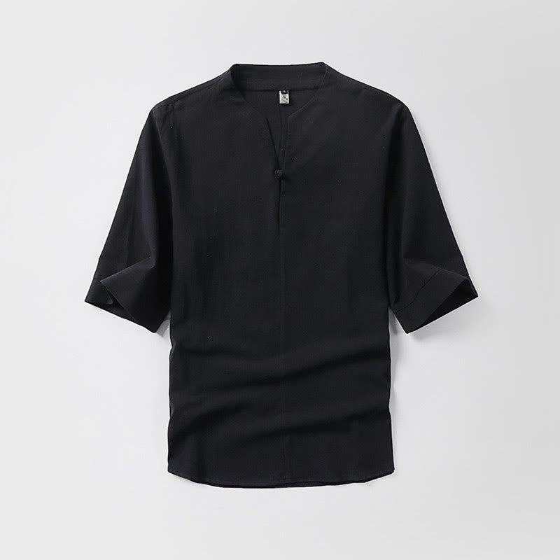 Koszula męska Buddha Stones Casual Plain Color One Button Sleeve Three Quarter Cotton Linen - Czarny - US/UK/AU54， EU64 (9XL) - image 2