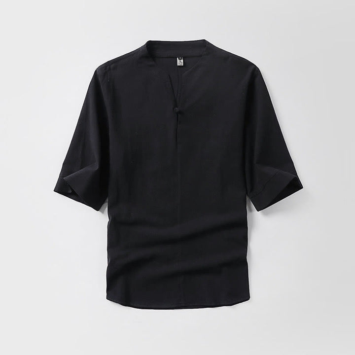 Koszula męska Buddha Stones Casual Plain Color One Button Sleeve Three Quarter Cotton Linen - Czarny - US/UK/AU54， EU64 (9XL) - image 2