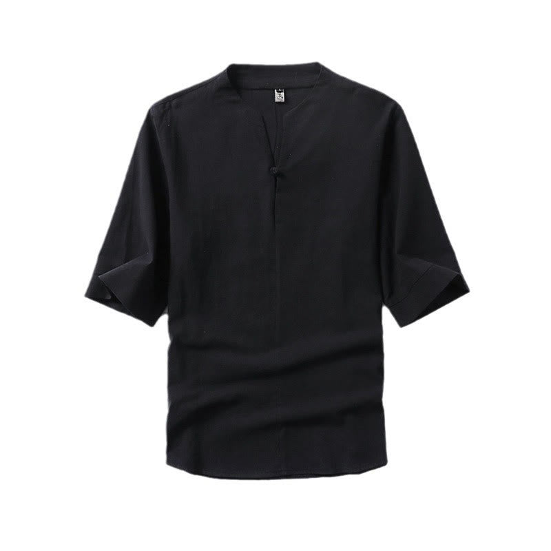 Koszula męska Buddha Stones Casual Plain Color One Button Sleeve Three Quarter Cotton Linen - image 3