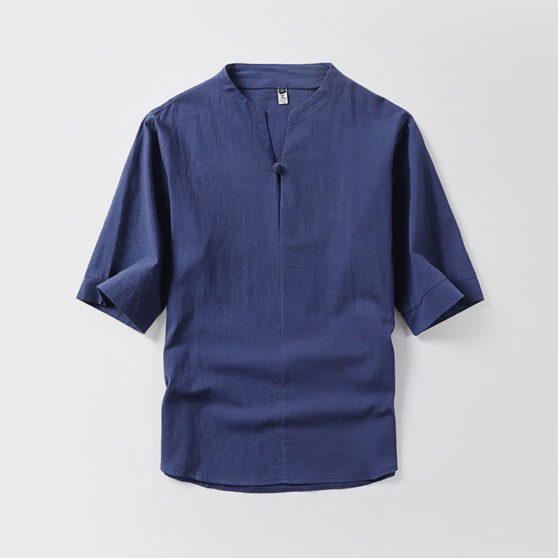 Koszula męska Buddha Stones Casual Plain Color One Button Sleeve Three Quarter Cotton Linen - Ciemnoniebieski - US/UK/AU54， EU64 (9XL) - image 6