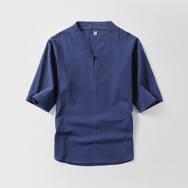 Koszula męska Buddha Stones Casual Plain Color One Button Sleeve Three Quarter Cotton Linen - Ciemnoniebieski - US/UK/AU54， EU64 (9XL) - image 6