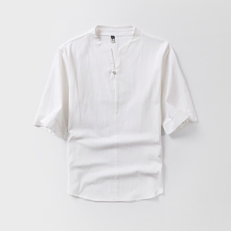 Koszula męska Buddha Stones Casual Plain Color One Button Sleeve Three Quarter Cotton Linen - Biały - US/UK/AU54， EU64 (9XL) - image 1