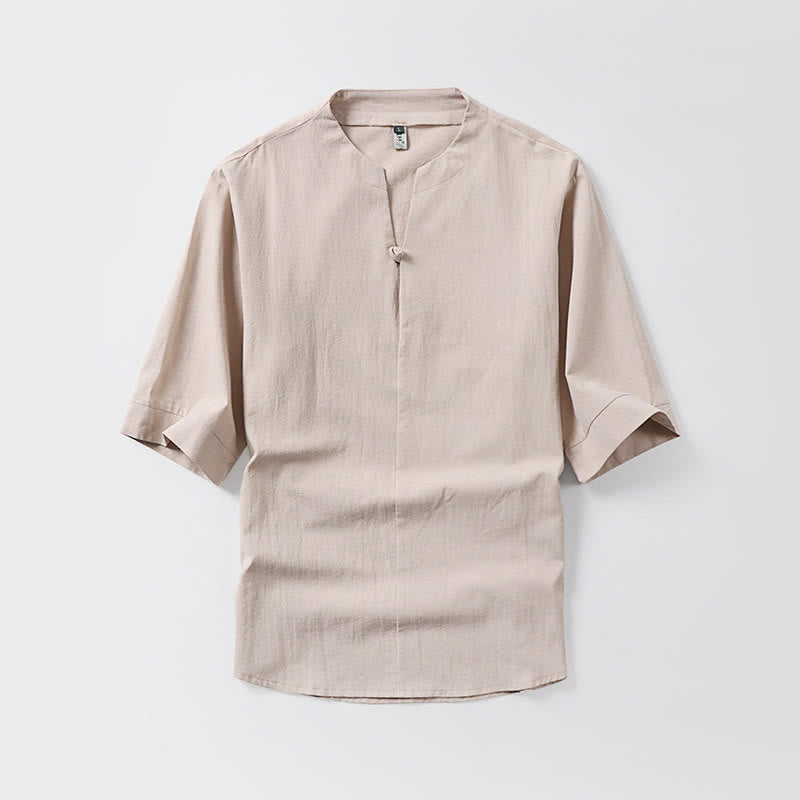 Koszula męska Buddha Stones Casual Plain Color One Button Sleeve Three Quarter Cotton Linen - Pszenica - US/UK/AU54， EU64 (9XL) - image 4