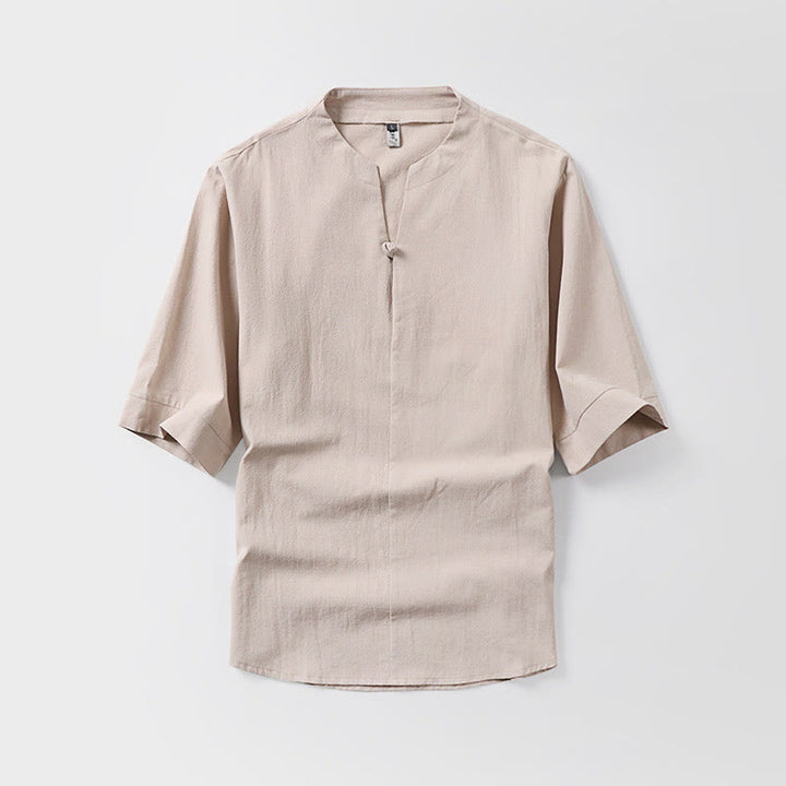 Koszula męska Buddha Stones Casual Plain Color One Button Sleeve Three Quarter Cotton Linen - Pszenica - US/UK/AU54， EU64 (9XL) - image 4