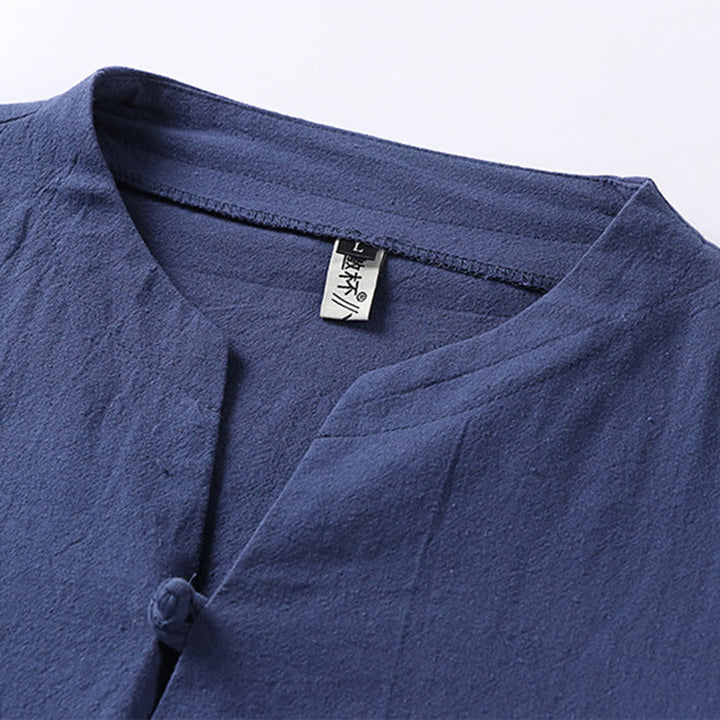 Koszula męska Buddha Stones Casual Plain Color One Button Sleeve Three Quarter Cotton Linen - image 8