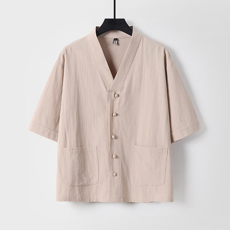 Koszula męska z kieszeniami, z nadrukiem Buddha Stones, w jednolitym kolorze, z rękawami trzy czwarte, z przodu, z bawełny i lnu - Pszenica - US/UK/AU54， EU64 (9XL) - image 0