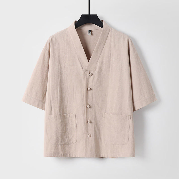 Koszula męska z kieszeniami, z nadrukiem Buddha Stones, w jednolitym kolorze, z rękawami trzy czwarte, z przodu, z bawełny i lnu - Pszenica - US/UK/AU54， EU64 (9XL) - image 0