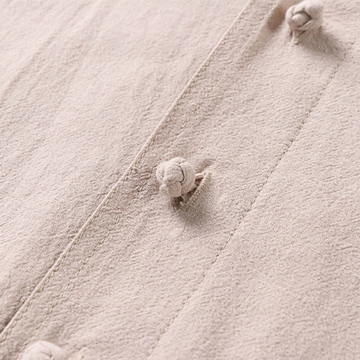 Koszula męska z kieszeniami, z nadrukiem Buddha Stones, w jednolitym kolorze, z rękawami trzy czwarte, z przodu, z bawełny i lnu - image 4