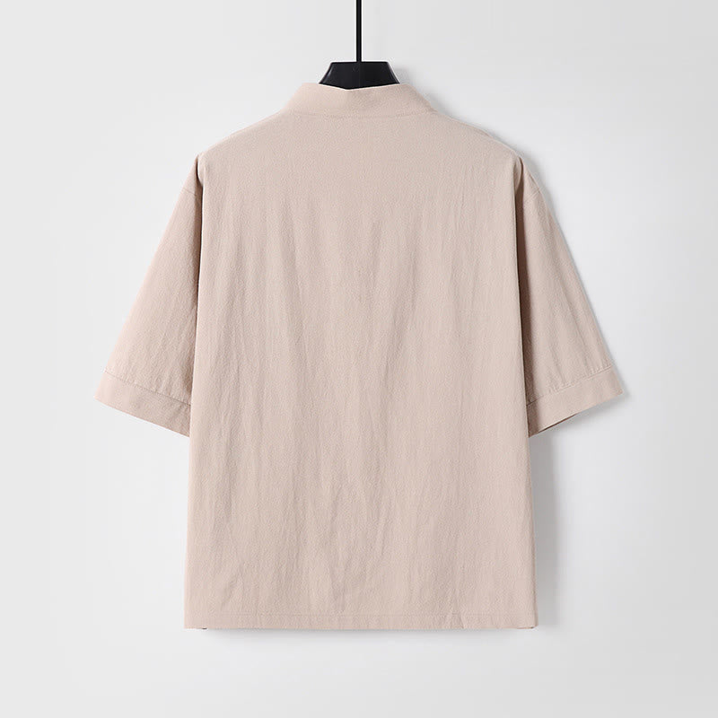 Koszula męska z kieszeniami, z nadrukiem Buddha Stones, w jednolitym kolorze, z rękawami trzy czwarte, z przodu, z bawełny i lnu - image 1