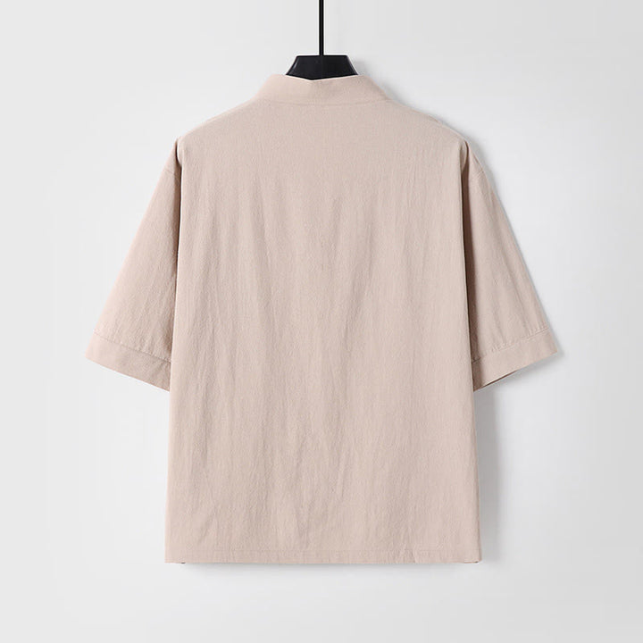 Koszula męska z kieszeniami, z nadrukiem Buddha Stones, w jednolitym kolorze, z rękawami trzy czwarte, z przodu, z bawełny i lnu - image 1