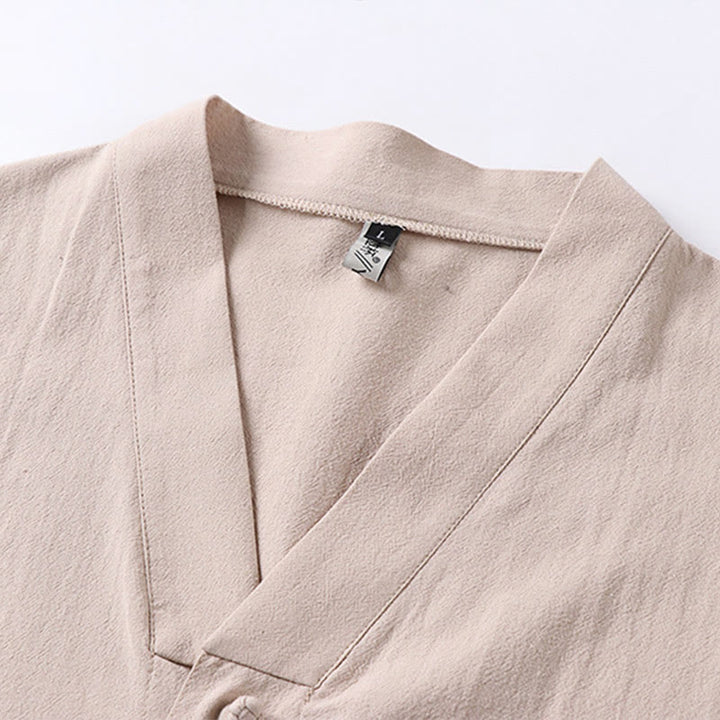 Koszula męska z kieszeniami, z nadrukiem Buddha Stones, w jednolitym kolorze, z rękawami trzy czwarte, z przodu, z bawełny i lnu - image 3