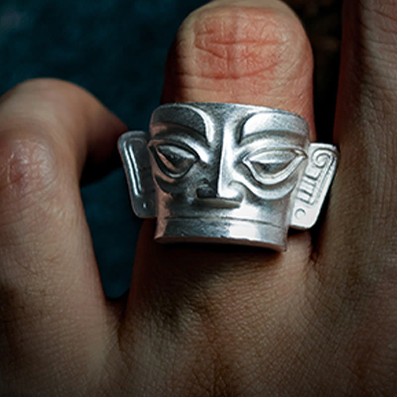 Buddha Stones 999 Srebro Sterlingowe Odlew Ręczny Pierścień Ochronny Maski Sanxingdui