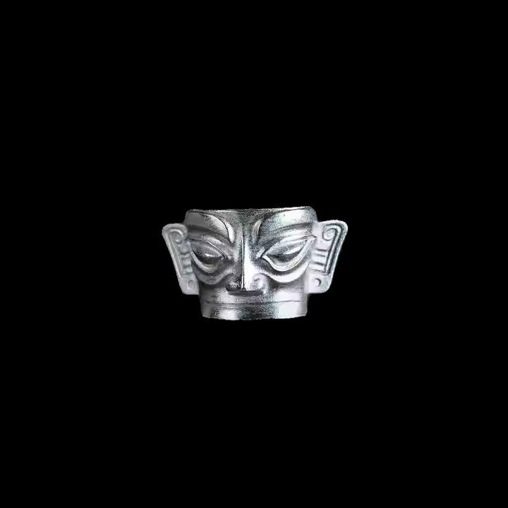 Buddha Stones 999 Srebro Sterlingowe Odlew Ręczny Pierścień Ochronny Maski Sanxingdui - image 10