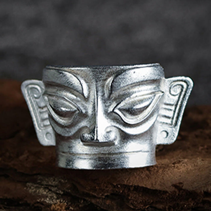 Buddha Stones 999 Srebro Sterlingowe Odlew Ręczny Pierścień Ochronny Maski Sanxingdui
