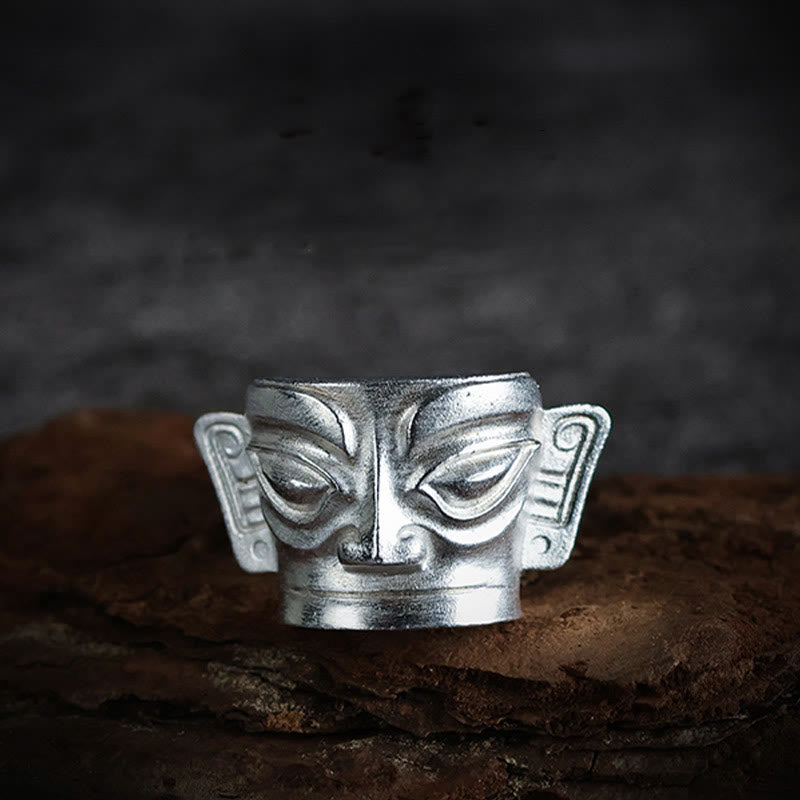 Buddha Stones 999 Srebro Sterlingowe Odlew Ręczny Pierścień Ochronny Maski Sanxingdui