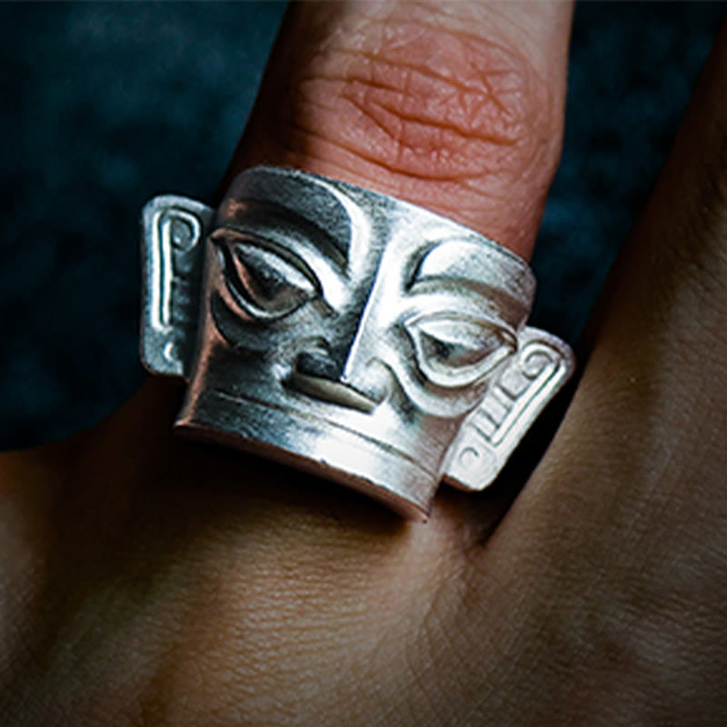 Buddha Stones 999 Srebro Sterlingowe Odlew Ręczny Pierścień Ochronny Maski Sanxingdui